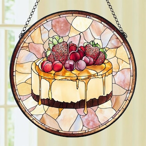 Cheesecake Lover Gift Stained Glass Suncatcher, Baker Birthday Suncatcher, Pastry Chef Job Decor, Foodie Hobby Window Hanging, Kitchen Decor