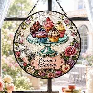 Round Suncatcher With Cupcakes And Floral Bakery Theme,Window Hanging Suncatcher For Kitchen Cafe Decor,Sweet Baker Gift,Round Suncatcher